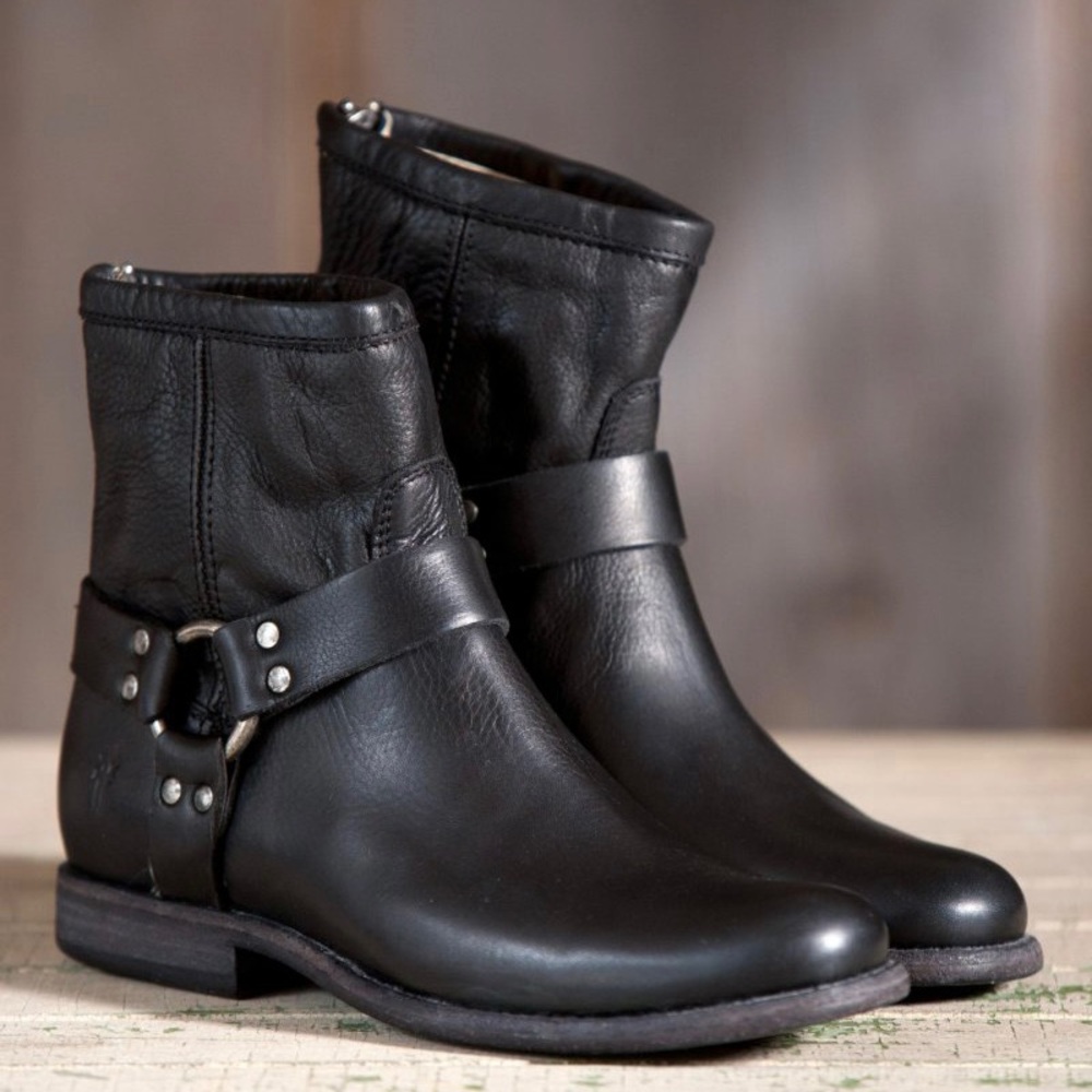 Frye Black Phillip Harness Leather Moto Boots